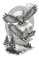 flying owl, walking wolf and forest scene tattoo design idea