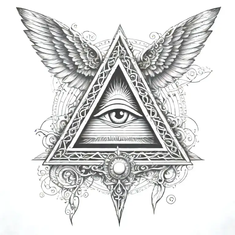 filigree all seeing eye pyramid wings in background Anunnaki tribal tattoo design idea