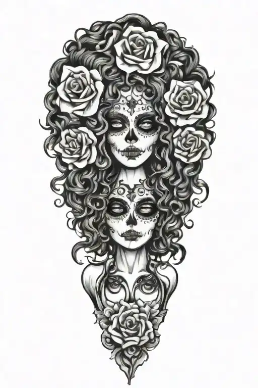 day the dead woman curly hair goddess  tattoo design idea
