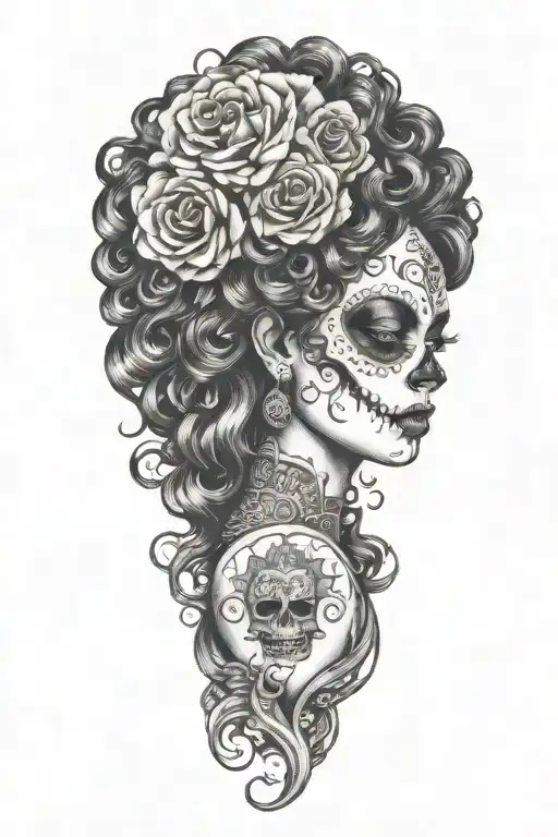 day the dead woman curly hair goddess  Alamo underneath  tattoo design idea