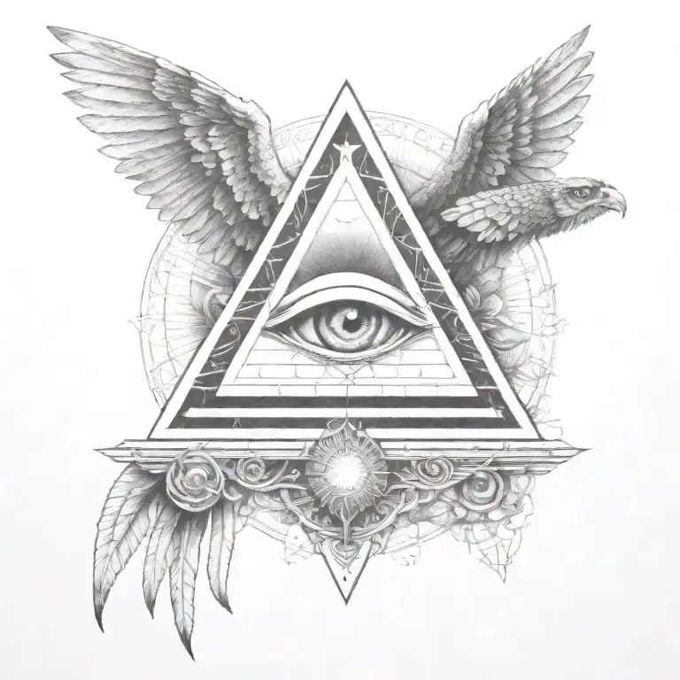 filigree all seeing eye pyramid owl wings  in background Anunnaki egyptian alien  tattoo design idea