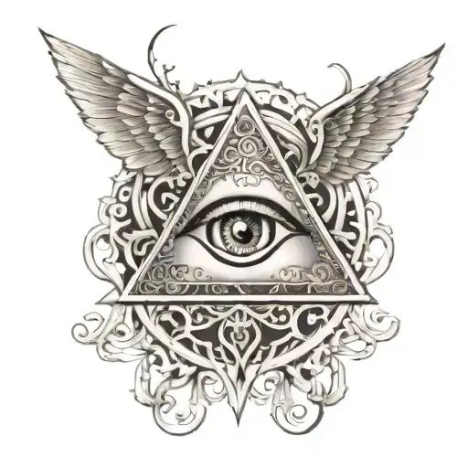 filigree all seeing eye pyramid wings in background  tattoo design idea