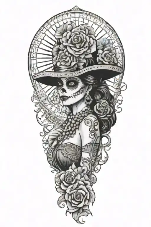 Alamo day of the dead woman background alamo building tattoo design idea