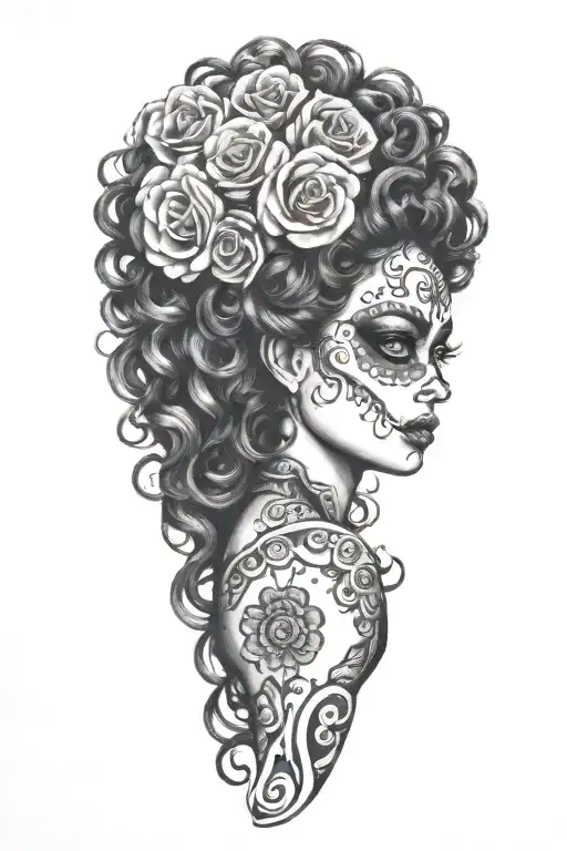 day the dead woman curly hair goddess  Alamo underneath  tattoo design idea