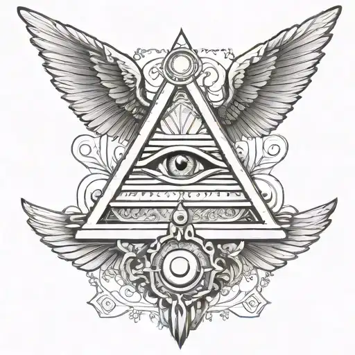 filigree all seeing eye pyramid wings in background Anunnaki tattoo design idea
