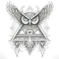 filigree all seeing eye pyramid owl wings  in background Anunnaki egyptian  tattoo design idea