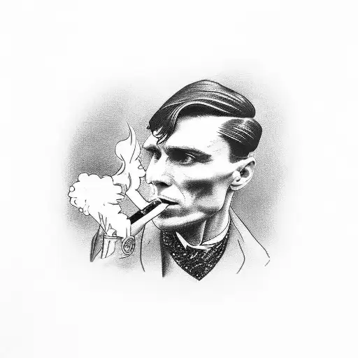 Tommy shelby swinging a pocket watch from his hand and smoking a cigarette tattoo design idea