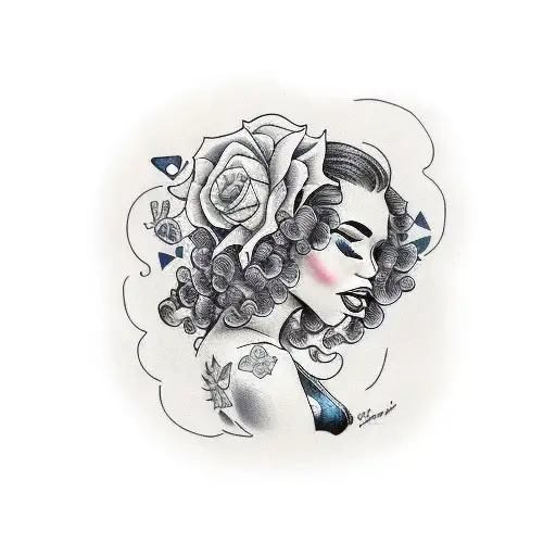 portret of a curly girl with big lips tattoo design idea