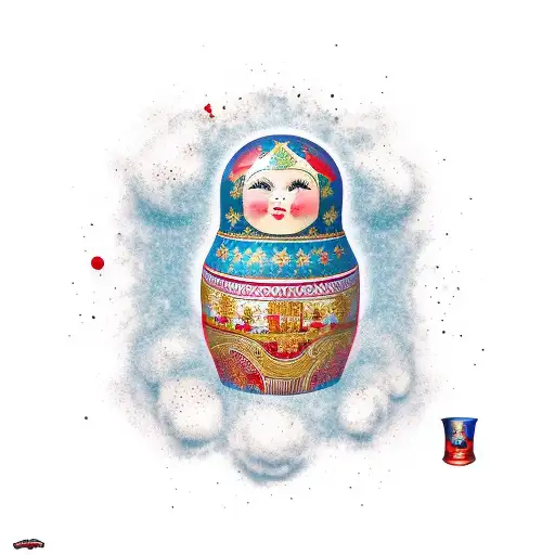 A traditional-style tattoo depicting a Russian nesting doll surrounded by exploding heads, symbolizing the complexity of design tattoo design idea