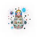 A traditional-style tattoo depicting a Russian nesting doll surrounded by exploding heads, symbolizing the complexity of design tattoo design idea