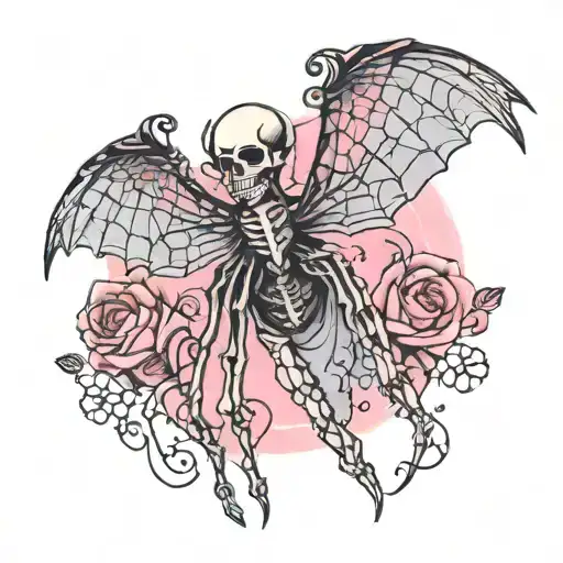 skeleton angel wings back tattoo with spider webs and pastel pink outline and black  tattoo design idea