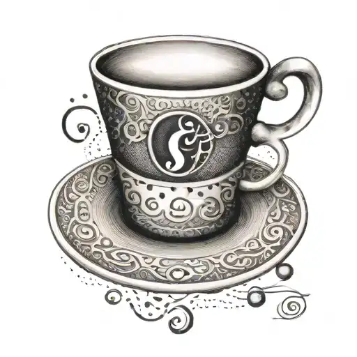 A dotwork tattoo of a coffee cup with Larry June's signature hat on it, symbolizing passion for music and caffeine tattoo design idea