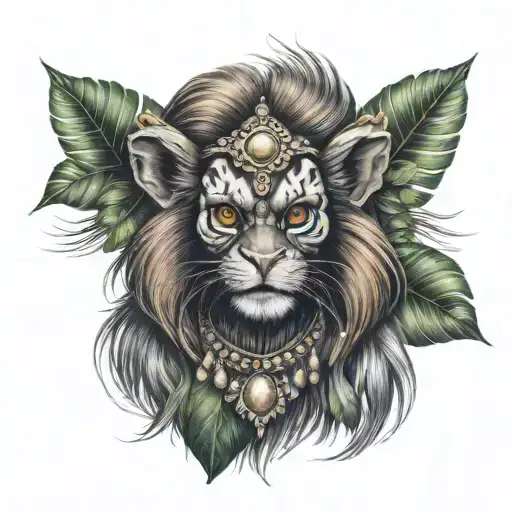 native Brazilian women face,  Anaconda, golden lion tamarin tattoo design idea