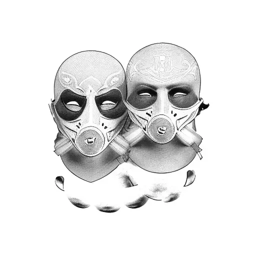 There is a man who has a mask on his face but the mask is pulling away and it’s held on by two rubber bands one on top a tattoo design idea