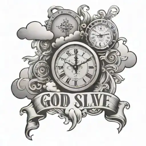cloud clock text god slave tattoo design idea