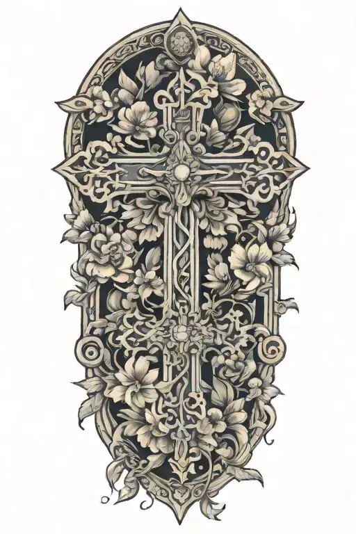 An intricate cross surrounded by blooming flowers, with angels flying above, representing overcoming trauma and finding peace through faith tattoo design idea