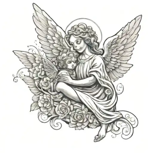 An angelic figure watching over a child, representing protection and trust in a higher power tattoo design idea