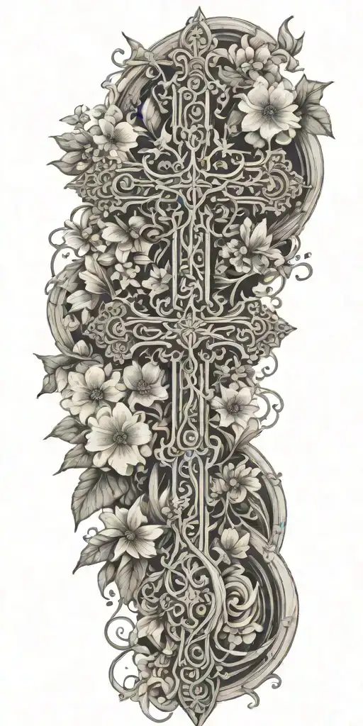 An intricate cross surrounded by blooming flowers, with angels flying above, representing overcoming trauma and finding peace through faith tattoo design idea