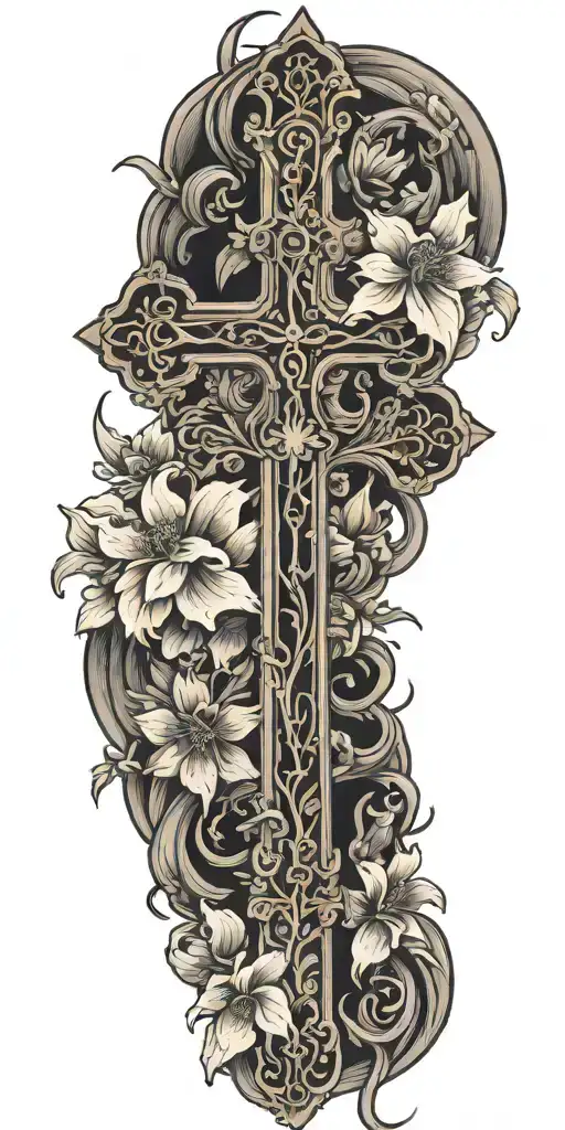 An intricate cross surrounded by blooming flowers, with angels flying above, representing overcoming trauma and finding peace through faith tattoo design idea