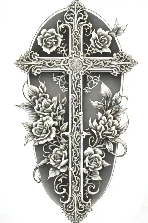 An intricate cross surrounded by blooming flowers, with angels flying above, representing overcoming trauma and finding peace through faith tattoo design idea