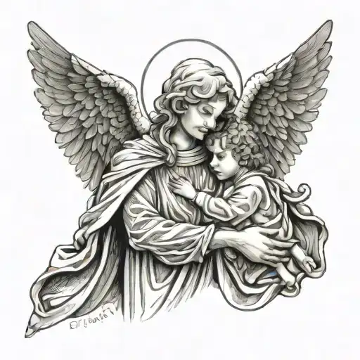 An angelic figure watching over a child, representing protection and trust in a higher power tattoo design idea