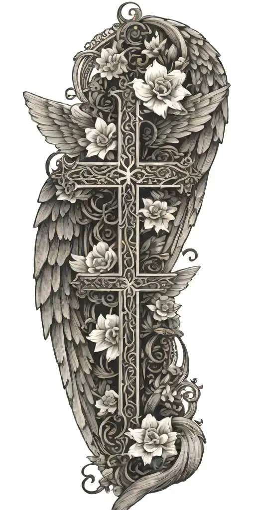 An intricate cross design intertwined with delicate flowers and angel wings, representing your faith and strength in overcoming trauma tattoo design idea