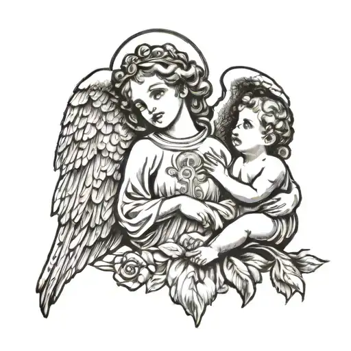 An angelic figure watching over a child, representing protection and trust in a higher power tattoo design idea