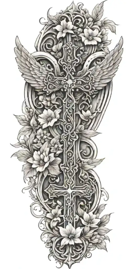 An intricate cross design intertwined with delicate flowers and angel wings, representing your faith and strength in overcoming trauma tattoo design idea