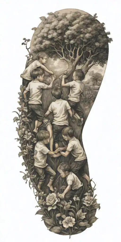 A tattoo design featuring four boys playing together in a garden, symbolizing the bond between a mother and her sons tattoo design idea