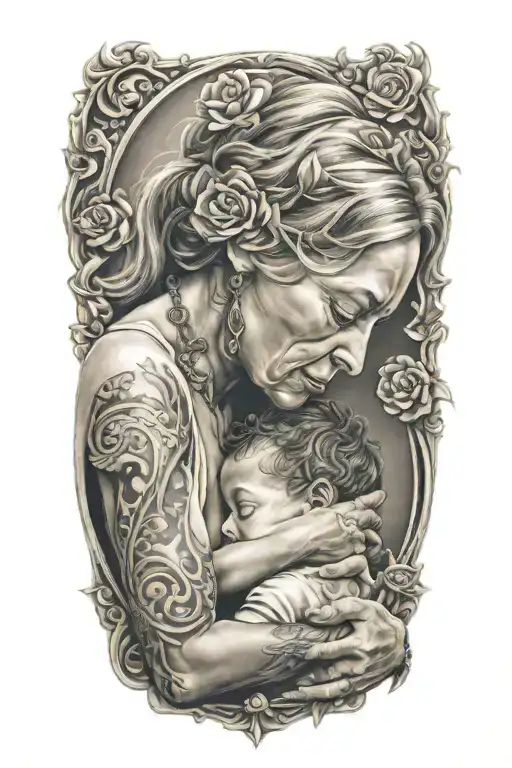A mother embracing her child with the words 'strength' and 'trust' incorporated into the design tattoo design idea