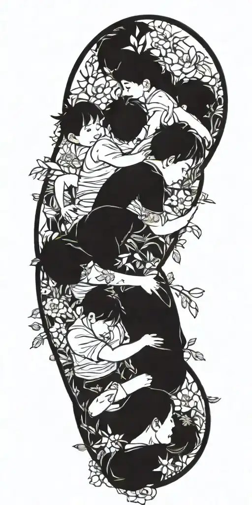 A tattoo design featuring four boys playing together in a garden, symbolizing the bond between a mother and her sons tattoo design idea