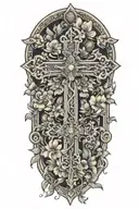 An intricate cross surrounded by blooming flowers, with angels flying above, representing overcoming trauma and finding peace through faith tattoo design idea