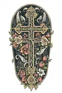 An intricate cross surrounded by blooming flowers, with angels flying above, representing overcoming trauma and finding peace through faith tattoo design idea