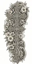 An intricate cross surrounded by blooming flowers, with angels flying above, representing overcoming trauma and finding peace through faith tattoo design idea