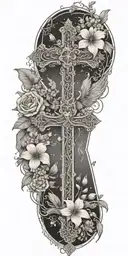 An intricate cross surrounded by blooming flowers, with angels flying above, representing overcoming trauma and finding peace through faith tattoo design idea