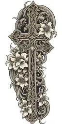 An intricate cross surrounded by blooming flowers, with angels flying above, representing overcoming trauma and finding peace through faith tattoo design idea