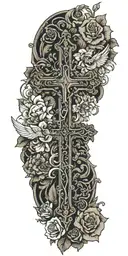 An intricate cross surrounded by blooming flowers, with angels flying above, representing overcoming trauma and finding peace through faith tattoo design idea
