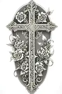 An intricate cross surrounded by blooming flowers, with angels flying above, representing overcoming trauma and finding peace through faith tattoo design idea