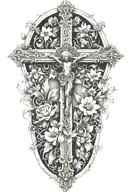 An intricate cross surrounded by blooming flowers, with angels flying above, representing overcoming trauma and finding peace through faith tattoo design idea