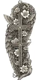 An intricate cross design intertwined with delicate flowers and angel wings, representing your faith and strength in overcoming trauma tattoo design idea