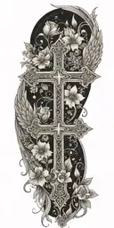 An intricate cross design intertwined with delicate flowers and angel wings, representing your faith and strength in overcoming trauma tattoo design idea