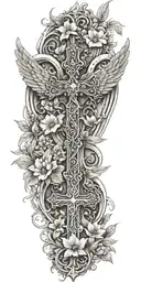 An intricate cross design intertwined with delicate flowers and angel wings, representing your faith and strength in overcoming trauma tattoo design idea