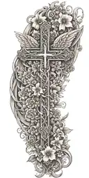 An intricate cross design intertwined with delicate flowers and angel wings, representing your faith and strength in overcoming trauma tattoo design idea