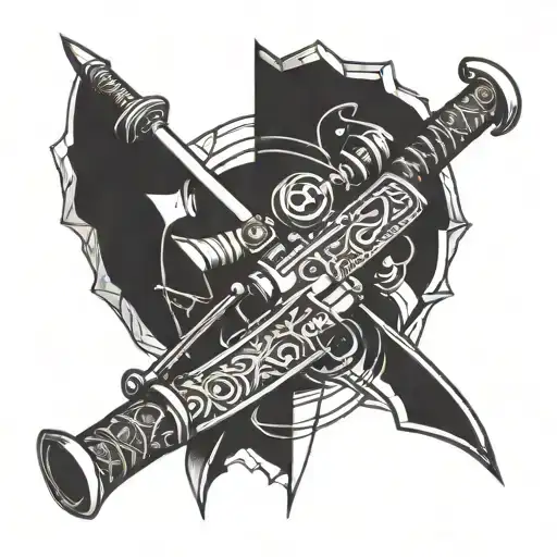 a hammer, a sword, a bow and arrow and a rifle with scope crossed  tattoo design idea