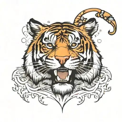 confident tiger just looking with the "it is what it is" attitude, on his forehead he has the cancer zodiac sign in his  tattoo design idea