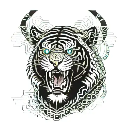 confident tiger just looking with the "it is what it is" attitude, on his head he has a crab sitting in his fur tattoo design idea