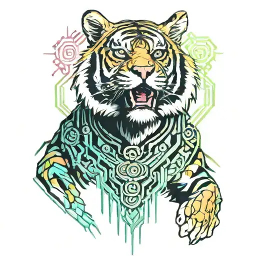 confident tiger just looking with the "it is what it is" attitude, on his forehead he has the cancer zodiac sign in his  tattoo design idea