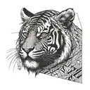 confident tiger just looking with the "it is what it is" attitude, on his forehead he has a crab in his fur tattoo design idea