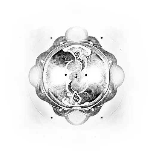 tatuagem mandala com yin Yang no centro, juntamente com um bracelete ao redor com paisagem da natureza tattoo design idea