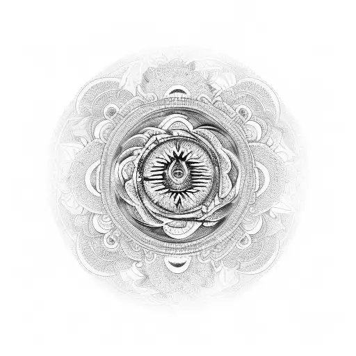 Mandala tattoo with yin Yang in the center, along with a bracelet around with nature landscape tattoo design idea